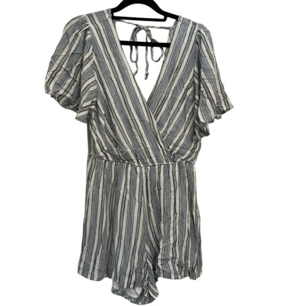 Altar'd State Romper Large Blue White Striped Rayon Surplice V-Neck Tie Back L
